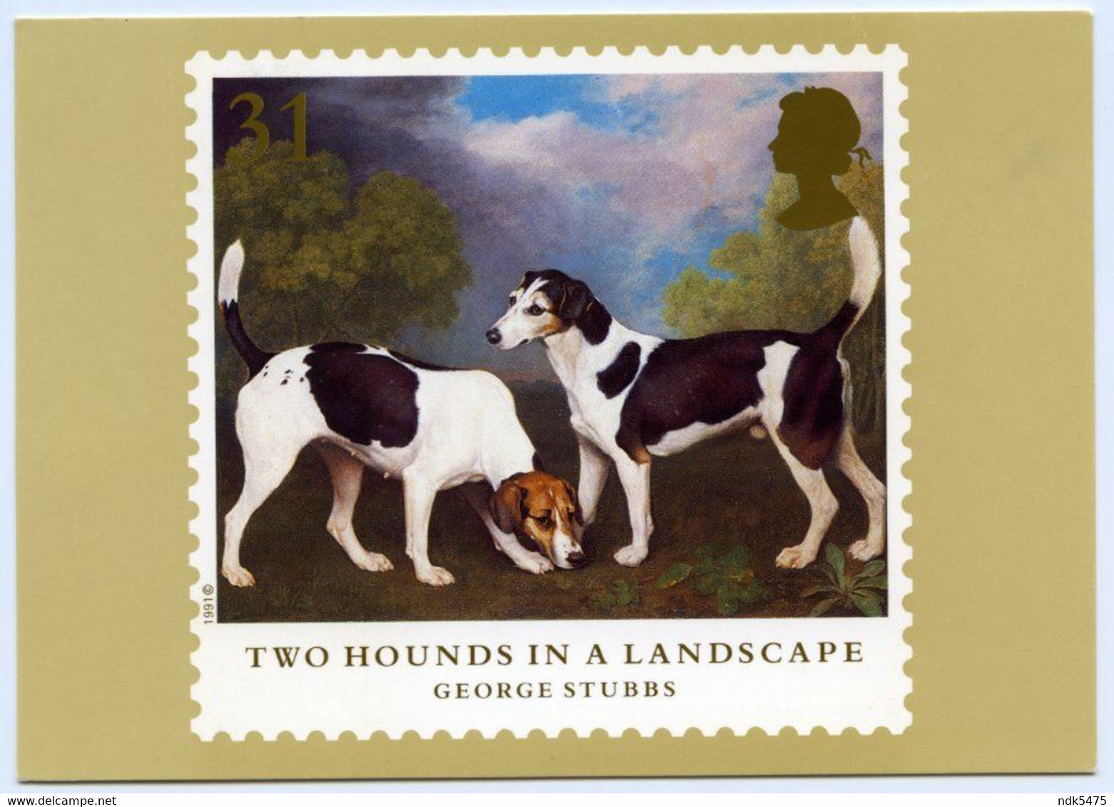 PHQ : GEORGE STUBBS - DOGS, TWO HOUNDS, 1991 : FIRST DAY OF ISSUE, LONDON N1, FINCHLEY (10 X 15cms Approx.) - Tarjetas PHQ