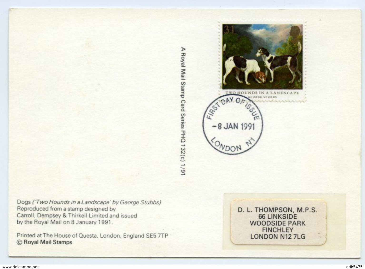 PHQ : GEORGE STUBBS - DOGS, TWO HOUNDS, 1991 : FIRST DAY OF ISSUE, LONDON N1, FINCHLEY (10 X 15cms Approx.) - Tarjetas PHQ