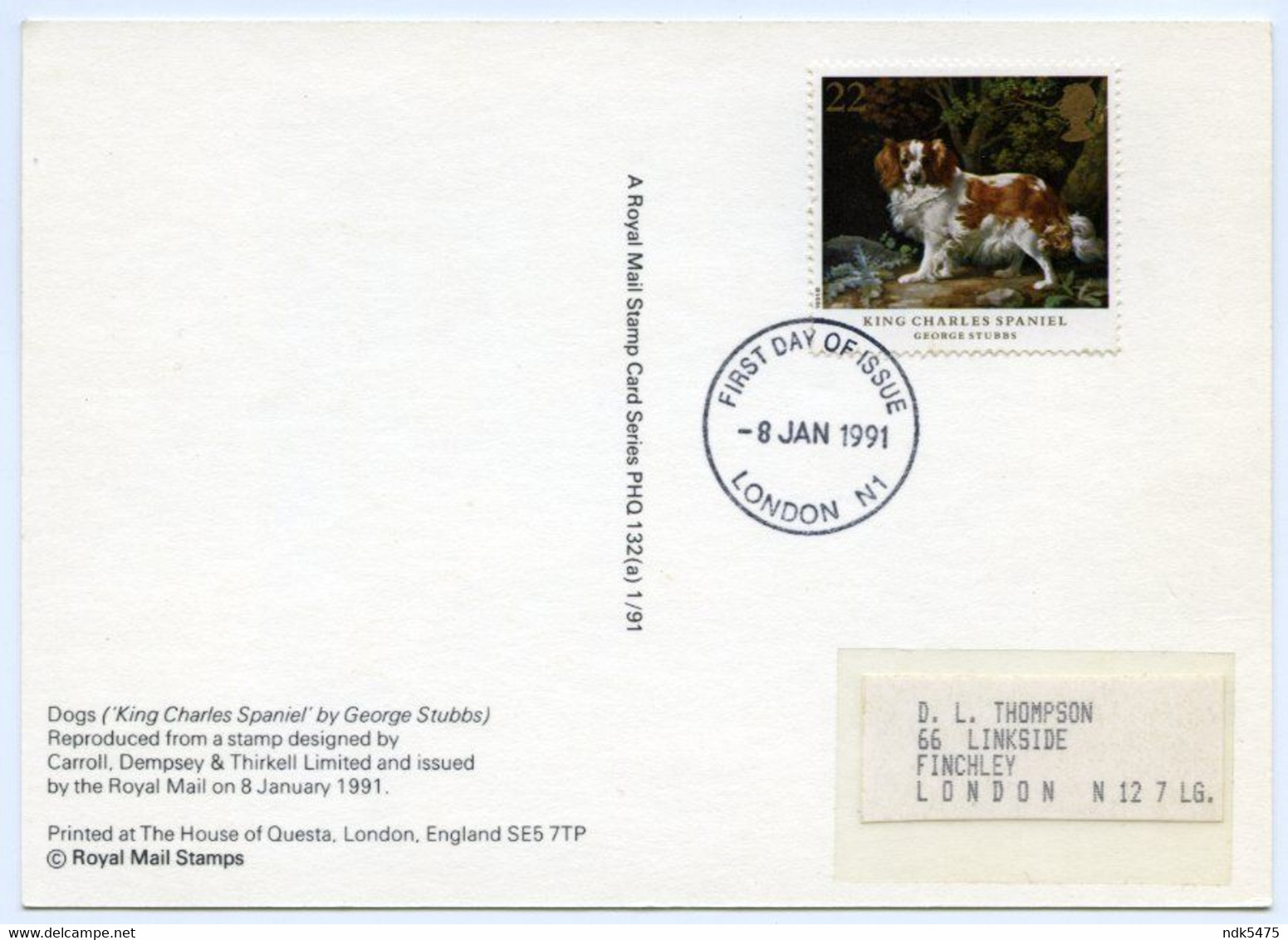 PHQ : GEORGE STUBBS - DOGS, KING CHARLES SPANIEL, 1991 : FIRST DAY OF ISSUE, LONDON N1, FINCHLEY (10 X 15cms Approx.) - PHQ Cards