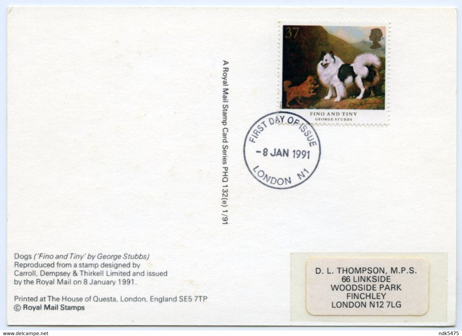 PHQ : GEORGE STUBBS - DOGS, FINO AND TINY, 1991 : FIRST DAY OF ISSUE, LONDON N1, FINCHLEY (10 X 15cms Approx.) - PHQ Cards