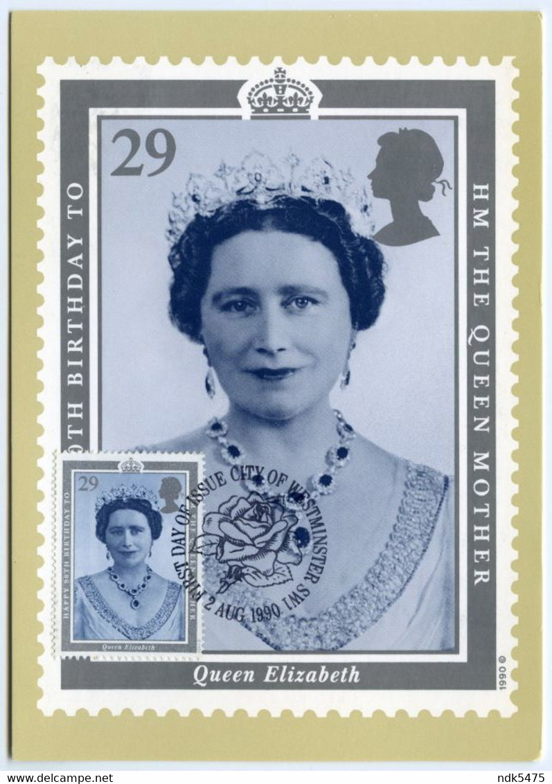 PHQ : HM THE QUEEN MOTHER'S 90th BIRTHDAY, QUEEN ELIZABETH, 1990 :  FDI, LONDON, WESTMINSTER (10 X 15cms Approx.) - PHQ Cards