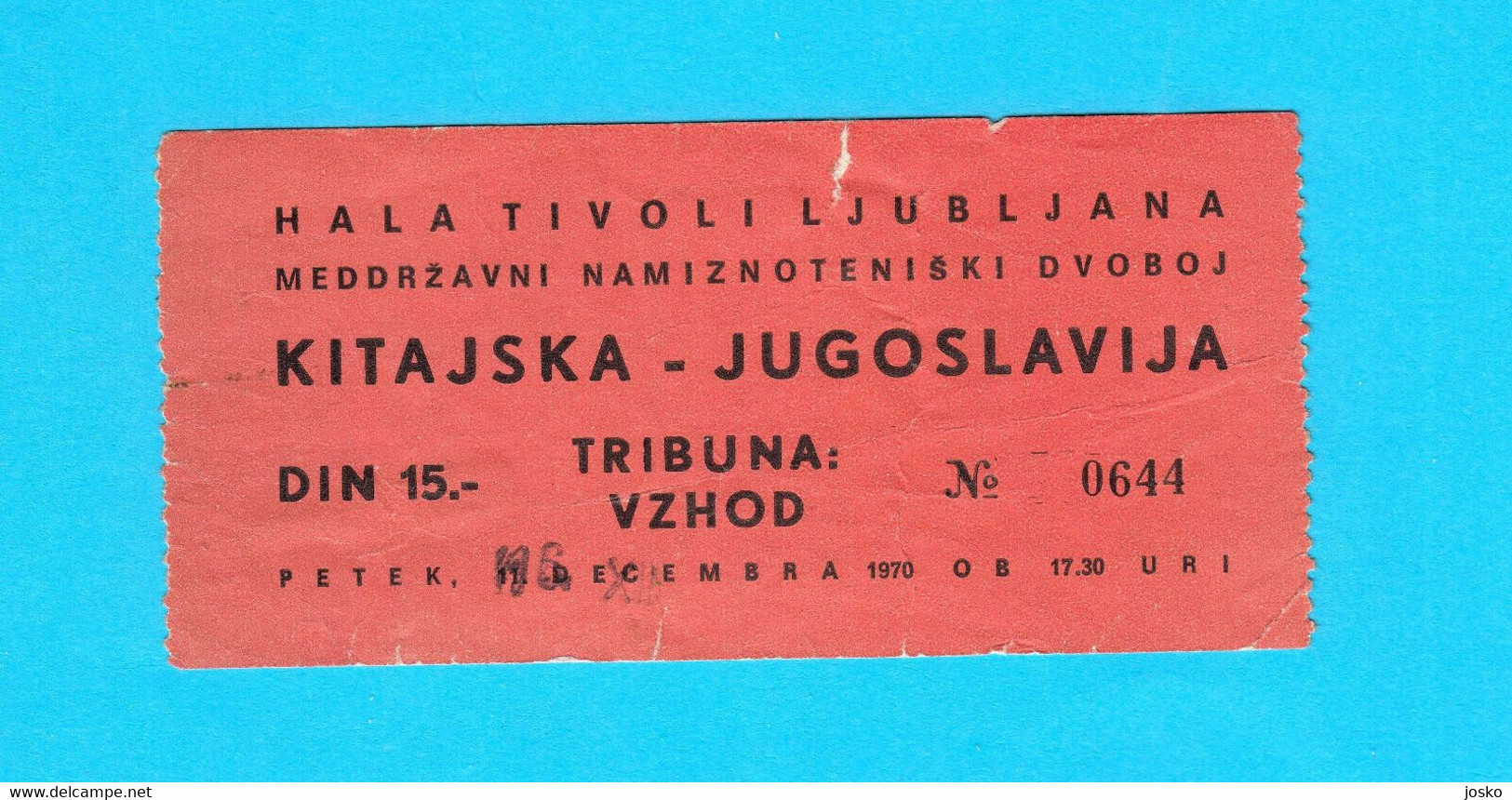 YUGOSLAVIA V CHINA - 1971 Inter. Table Tennis Match Ticket Tennis De Table Ping Pong Tenis De Mesa Tischtennis Da Tavolo - Tenis De Mesa