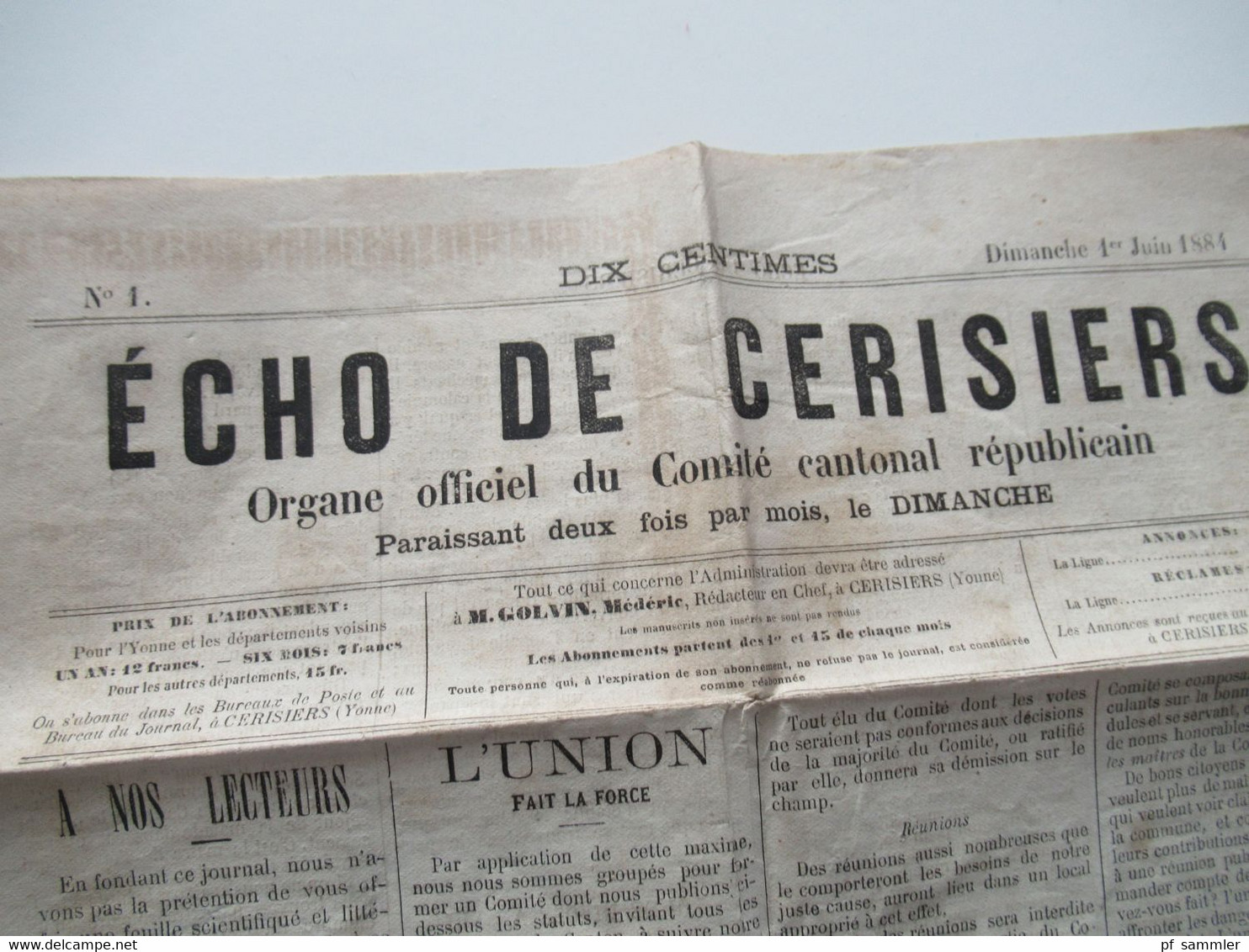 Frankreich 1884 Zeitung Erste Ausgabe / No 1 Ècho De Cerisiers Organe Officiel Du Comité Cantonal Républicain Yonne - 1850 - 1899