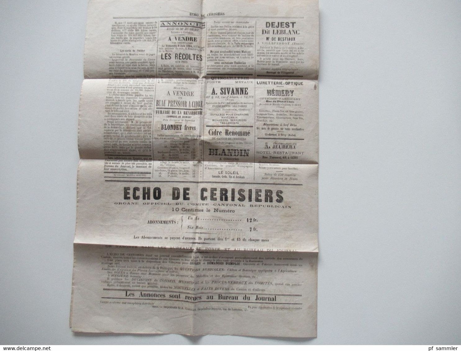 Frankreich 1884 Zeitung Erste Ausgabe / No 1 Ècho De Cerisiers Organe officiel du Comité cantonal républicain Yonne