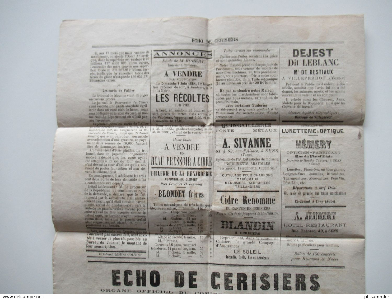 Frankreich 1884 Zeitung Erste Ausgabe / No 1 Ècho De Cerisiers Organe officiel du Comité cantonal républicain Yonne