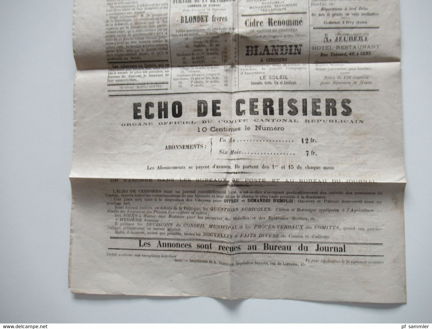 Frankreich 1884 Zeitung Erste Ausgabe / No 1 Ècho De Cerisiers Organe officiel du Comité cantonal républicain Yonne