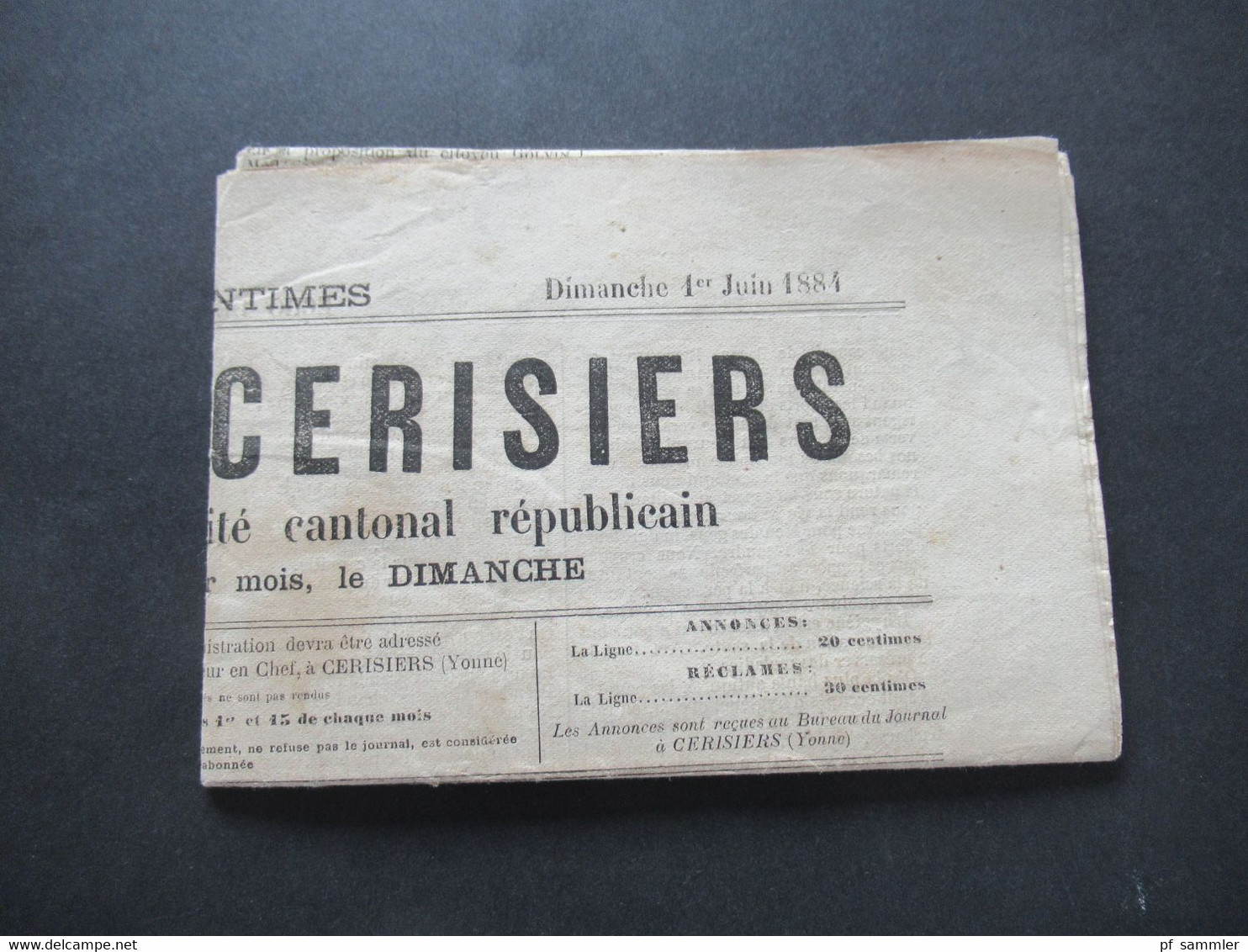 Frankreich 1884 Zeitung Erste Ausgabe / No 1 Ècho De Cerisiers Organe officiel du Comité cantonal républicain Yonne