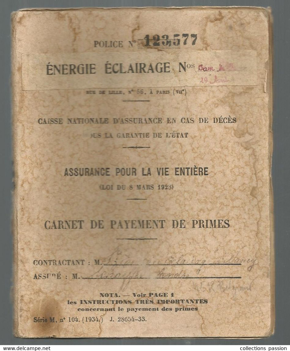 Carnet De Payement De Primes, Assurance En Cas De Décés, Energie Eclairage, Paris,  1935, 4 Scans, Frais Fr 4.00e - Ohne Zuordnung