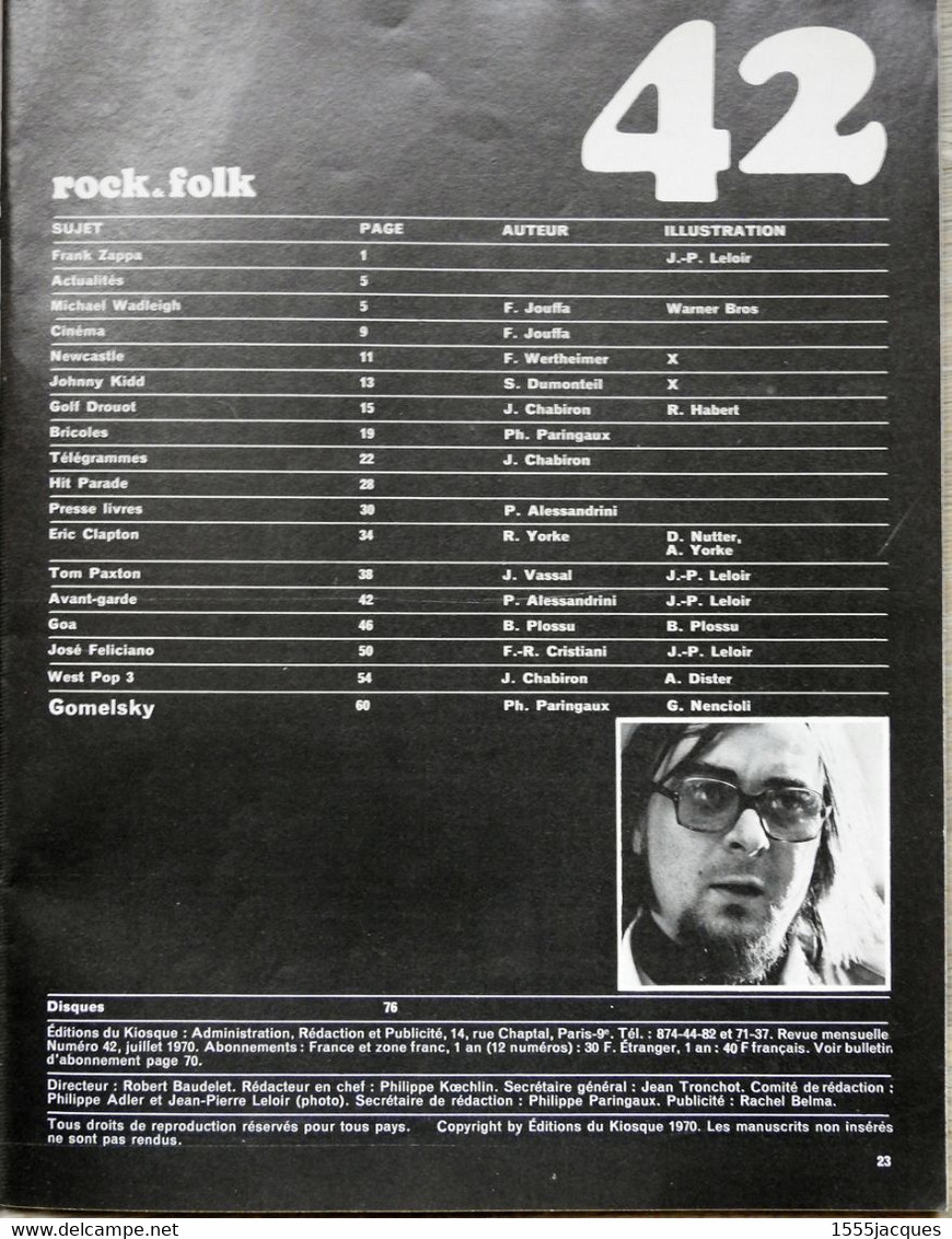 MAGAZINE ROCK & FOLK N° 42 07-1970 FRANK ZAPPA ERIC CLAPTON TOM PAXTON WEST POP 3 JOHNNY KIDD MICHAEL WADLEIGH GOA - Musica