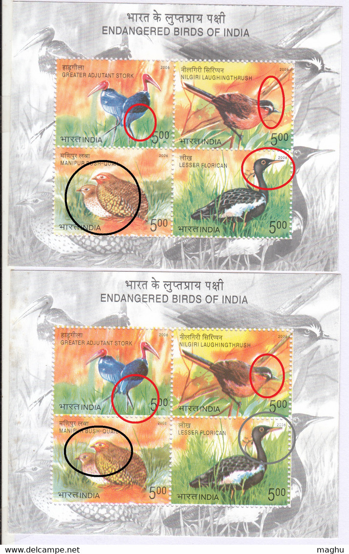 EFO, Colour Shift, Endangered Birds India, 2006 MNH Miniature Bird Adjutant Stork, Laughing Trush, Quil, Lesser Florican - Plaatfouten En Curiosa