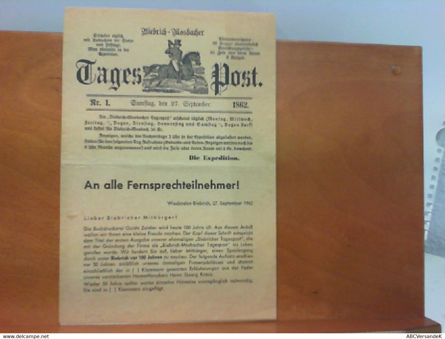 Biebrich - Mosbacher Tagespost Nr. 1 - Reproduktion Aus Dem Jahr 1862 - Hessen