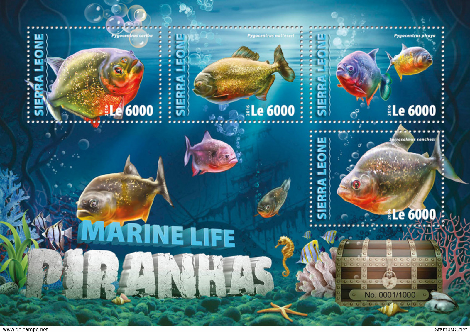 2016 SIERRA LEONE MNH  PIRANHAS  |  Yvert&Tellier Code: 5873-5876  |  Michel Code: 7023-7026  |  Scott Code: 3677 - Sierra Leone (1961-...)