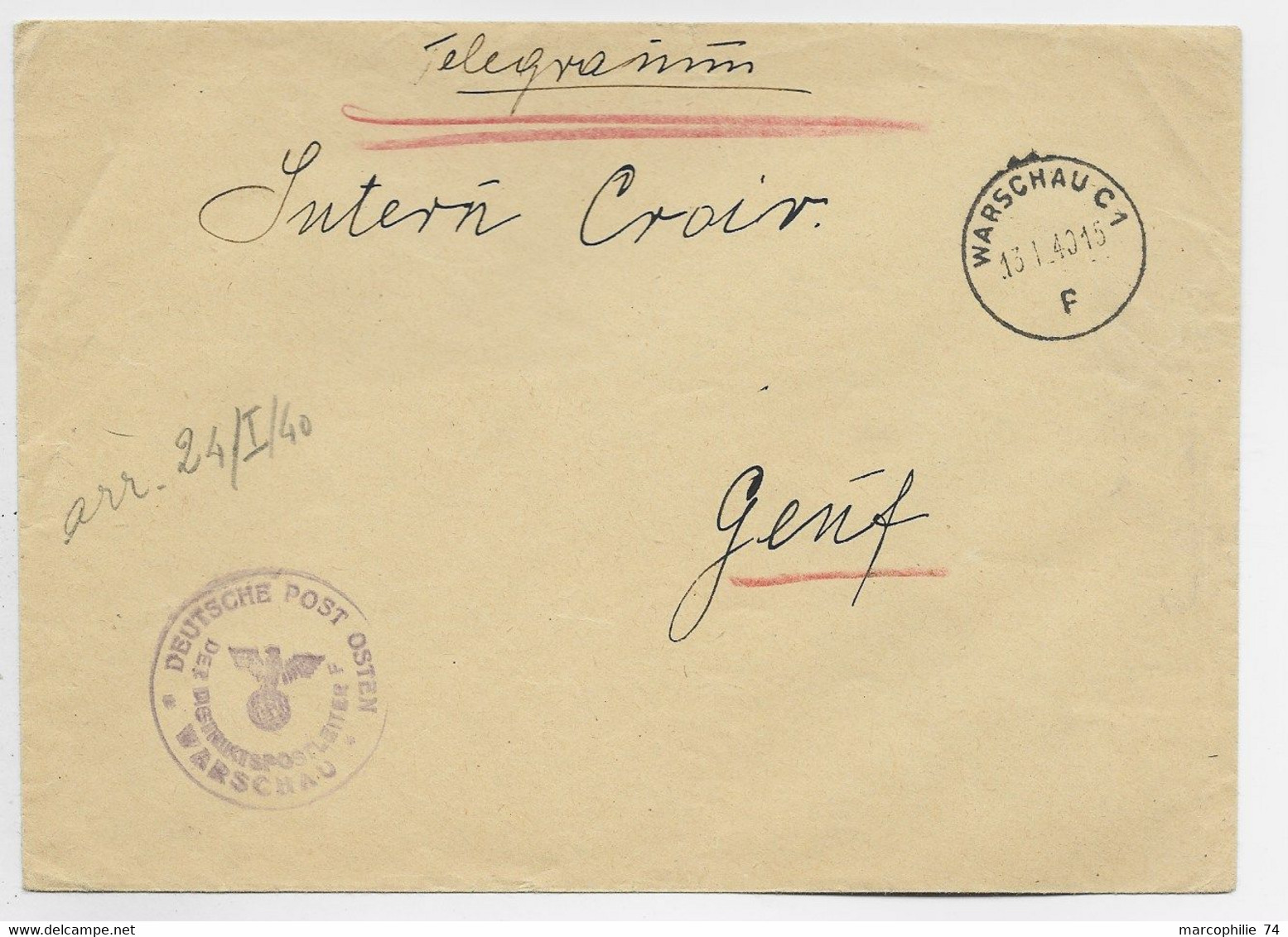 POLAND POLSKA LETTRE COVER WARSCHAU 13.1.1940 + MENTIIN TELEGRAM TO GENEVE + CENSURE NAZI - Londoner Regierung (Exil)