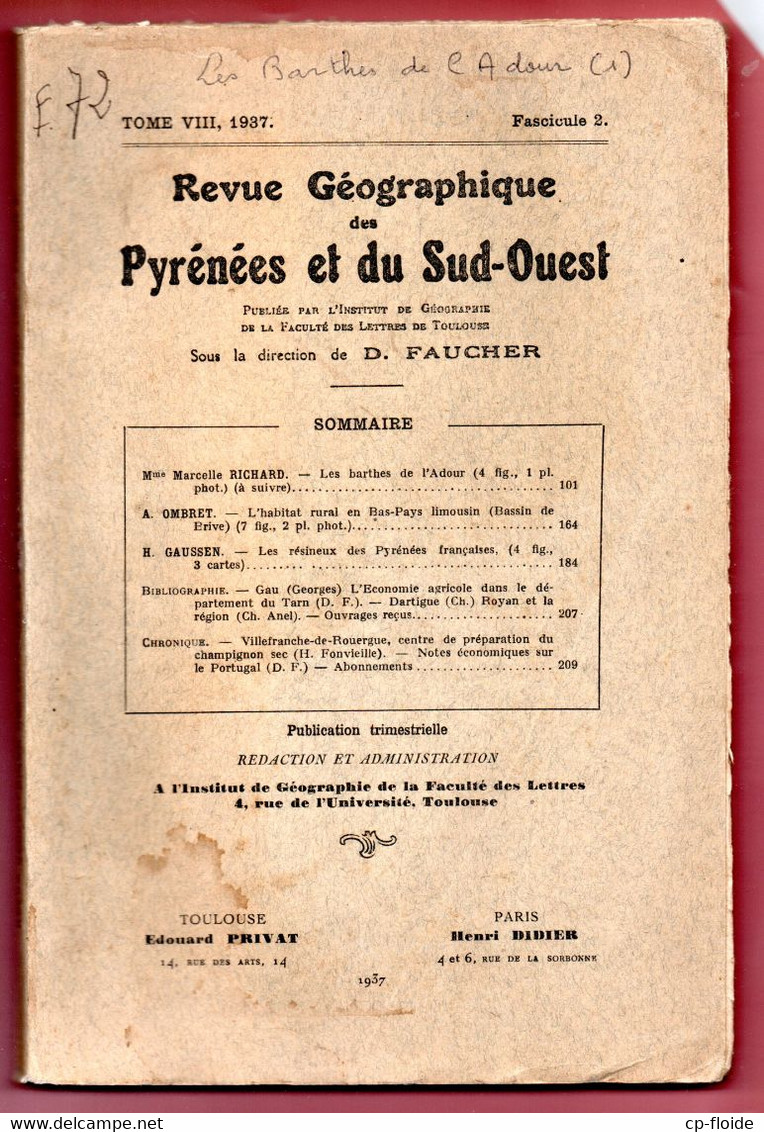 LIVRE . " LES BARTHES DE L'ADOUR " . MARCELLE RICHARD . REVUE GÉOGRAPHIQUE DES PYRÉNÉES ET DU SUD-OUEST - Ref. N°209L - - Baskenland