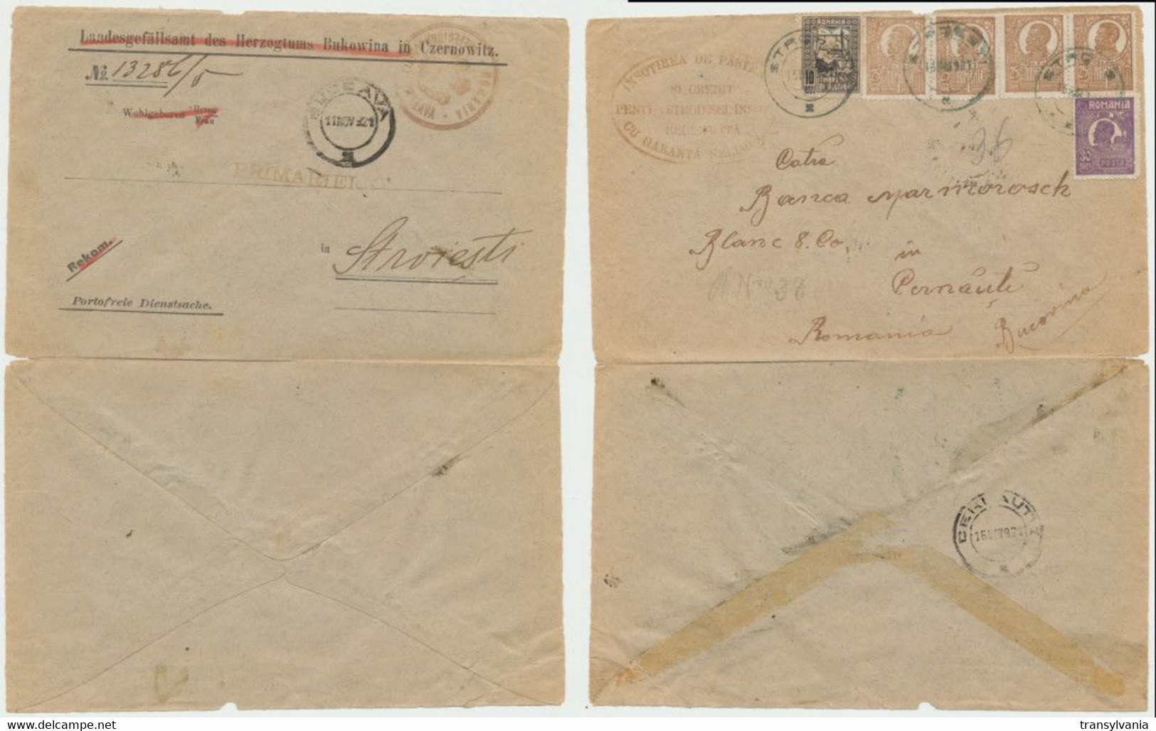 Austria Bukowina Now Ukraine Ex Offo Stationery Cover Romania 1921 Scarce Reusage On The Both Sides Czernowitz - Officials