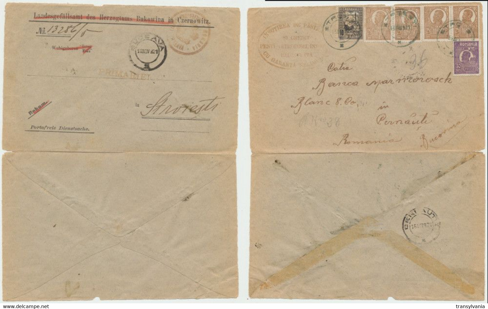 Austria Bukowina Now Ukraine Ex Offo Stationery Cover Romania 1921 Scarce Reusage On The Both Sides Czernowitz - Oficiales