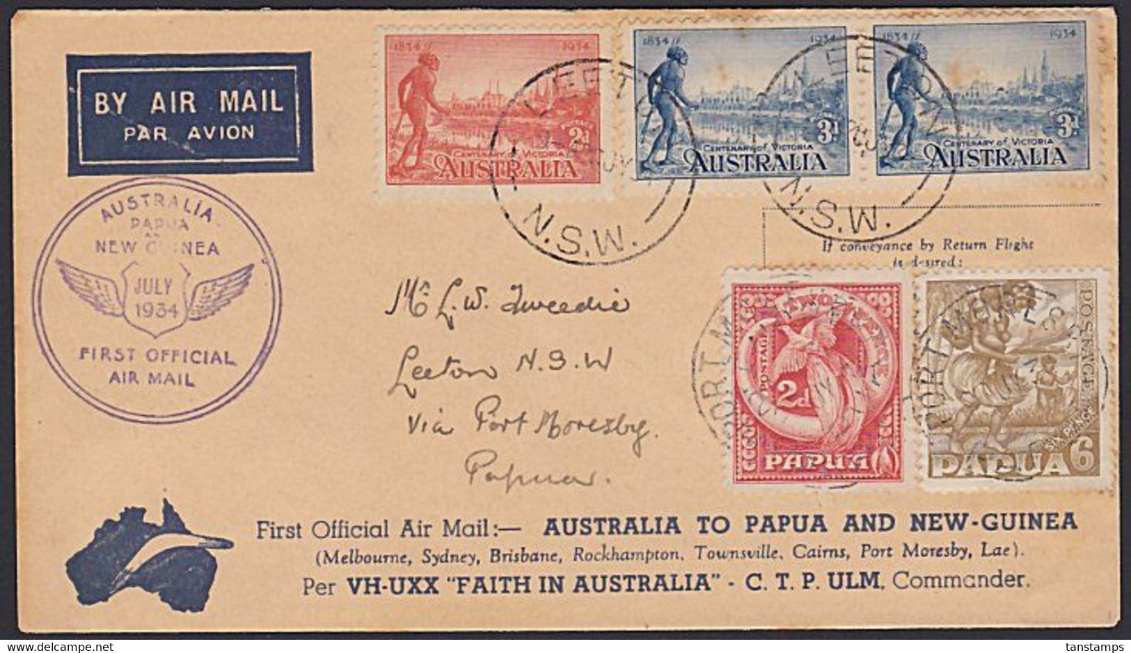 AUSTRALIA 1934 TTO PAPUA NEW GUINEA FIRST FLIGHT COVER - Primi Voli