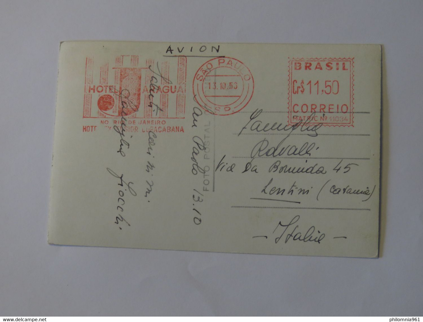 BRAZIL AIRMAIL POSTCARD TO ITALY 1953 - Gebraucht