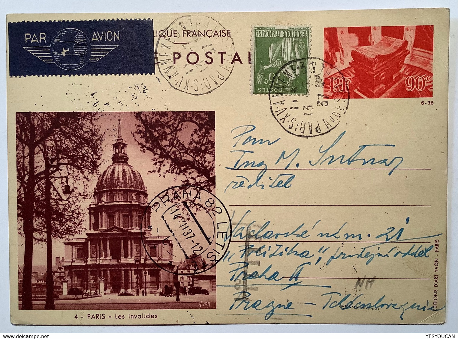 Entier Postal 90c Tombeau De Napoléon&Invalides+type Paix 75c#284A PAR AVION Paris1937>CZECHOSLOVAKIA (cover France - Cartes Postales Types Et TSC (avant 1995)