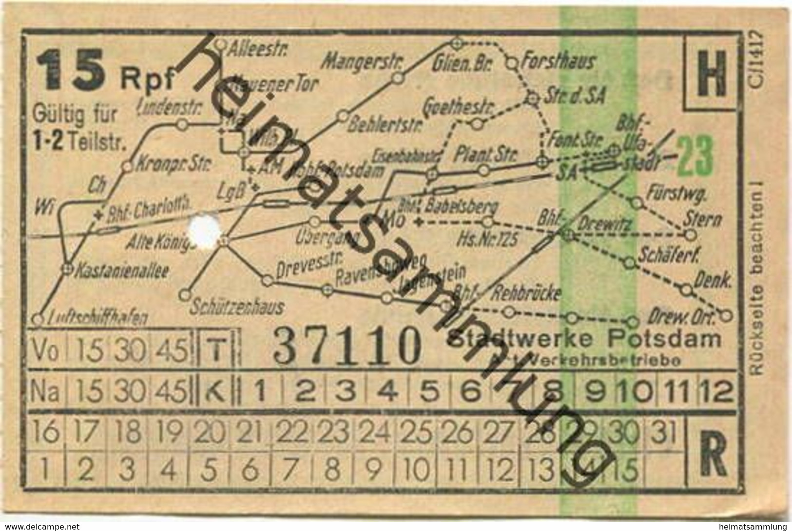 Deutschland - Fahrkarte - Potsdam - Stadtwerke Potsdam - Abt. Verkehrsbetriebe - Fahrschein 15Rpf. 1-2 Teilstrecken - Europa