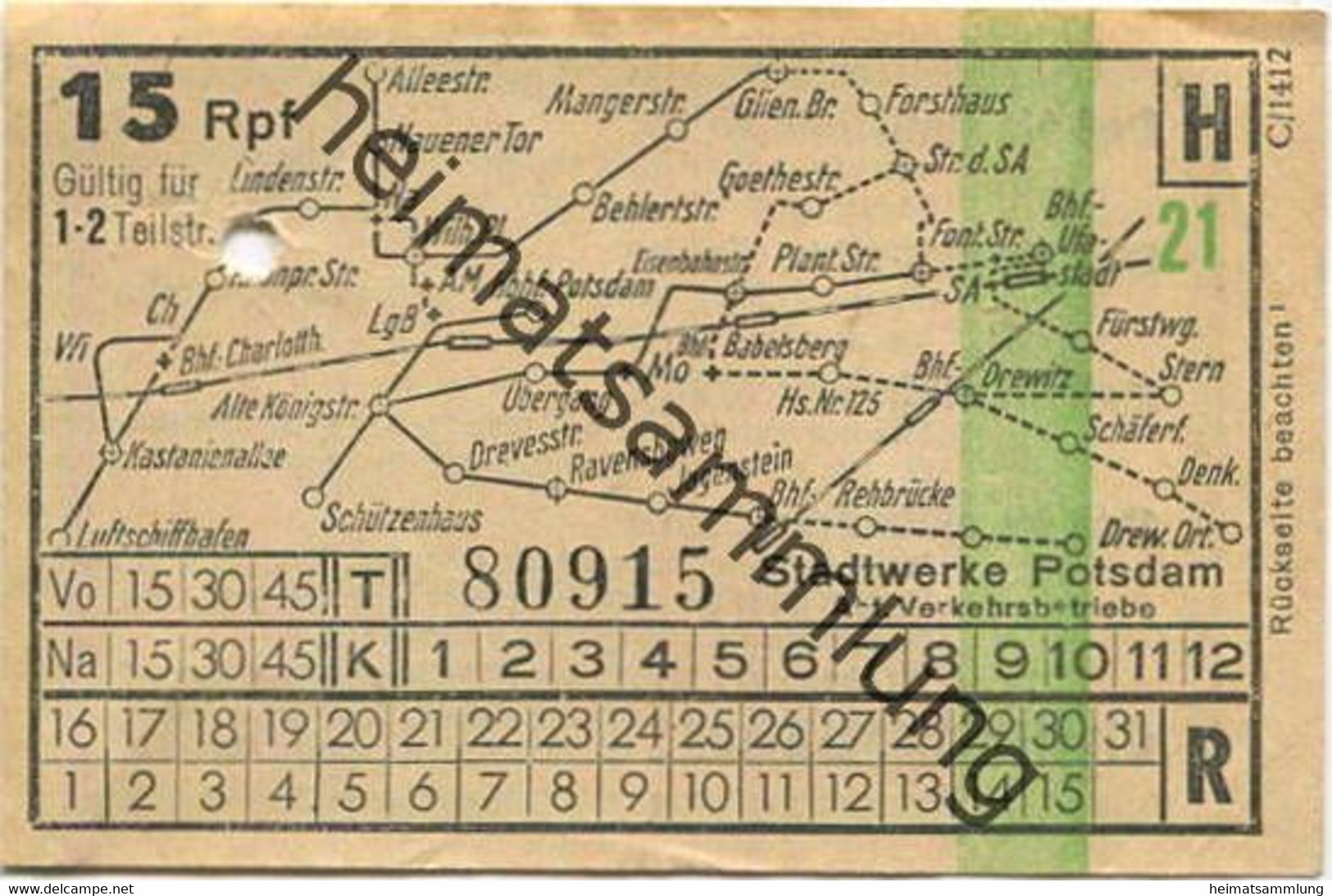 Deutschland - Fahrkarte - Potsdam - Stadtwerke Potsdam - Abt. Verkehrsbetriebe - Fahrschein 15Rpf. 1-2 Teilstrecken - Europe