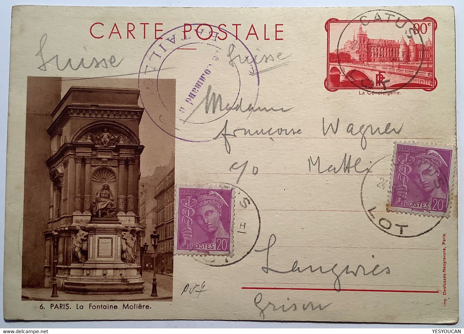 Entier Postal 90c Conciergerie&Fontaine Moliére+Mercure CATUS LOT1939>Langwies/Arosa GR Suisse(France Thêatre Militaire - Cartoline Postali E Su Commissione Privata TSC (ante 1995)