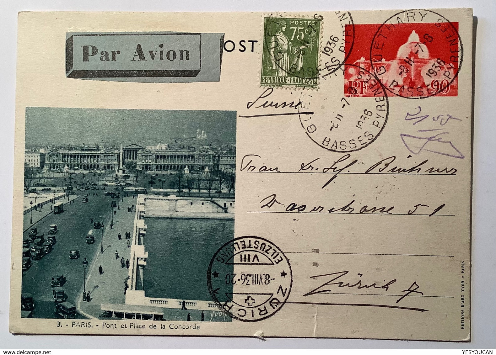 Entier Postal90c Paris Concorde+type Paix75c#284A Par Avion GUETHARY BASSES PYRENEES1936>Zürich SUISSE(France Automobile - Cartes Postales Types Et TSC (avant 1995)