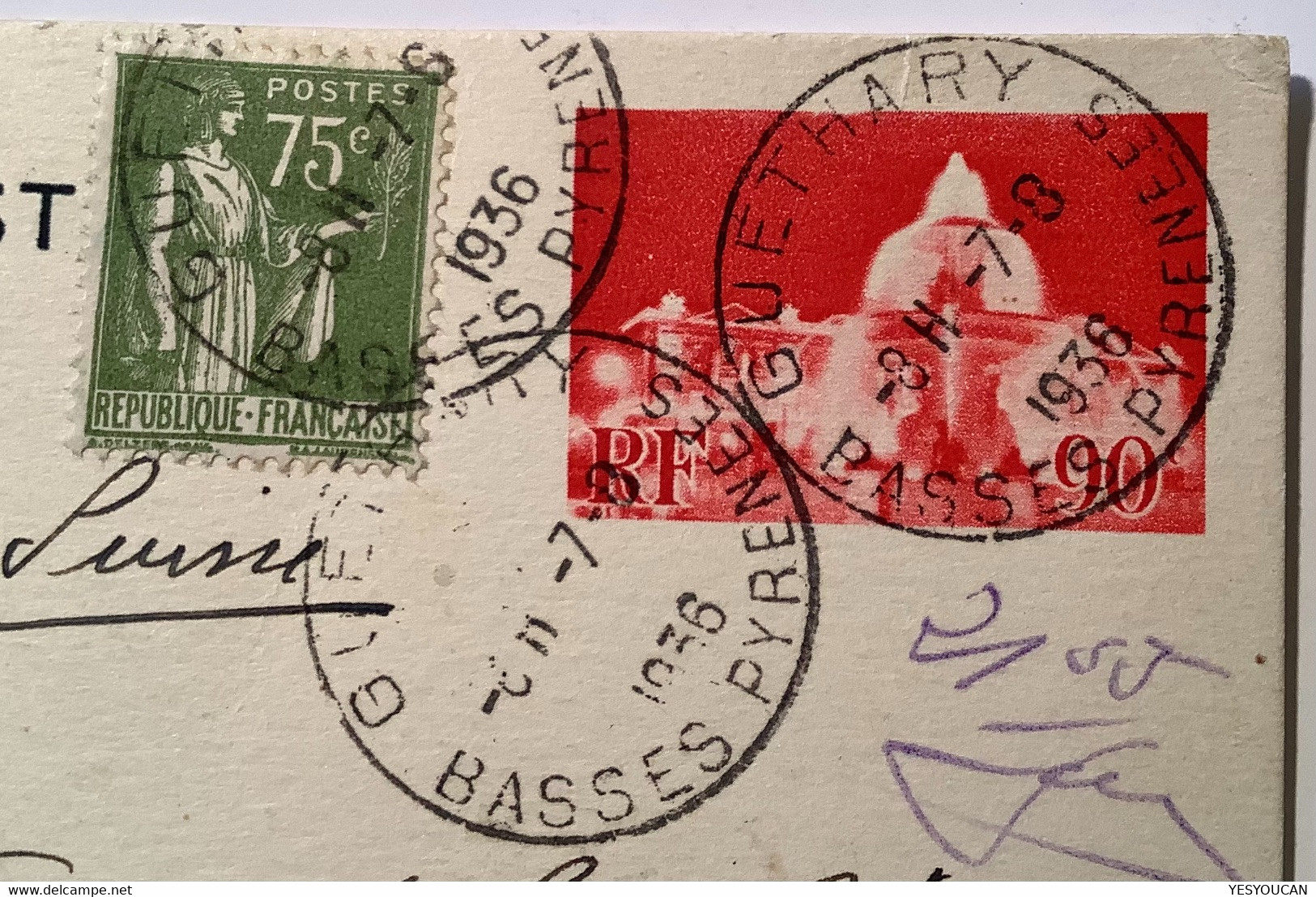 Entier Postal90c Paris Concorde+type Paix75c#284A Par Avion GUETHARY BASSES PYRENEES1936>Zürich SUISSE(France Automobile - Standaardpostkaarten En TSC (Voor 1995)