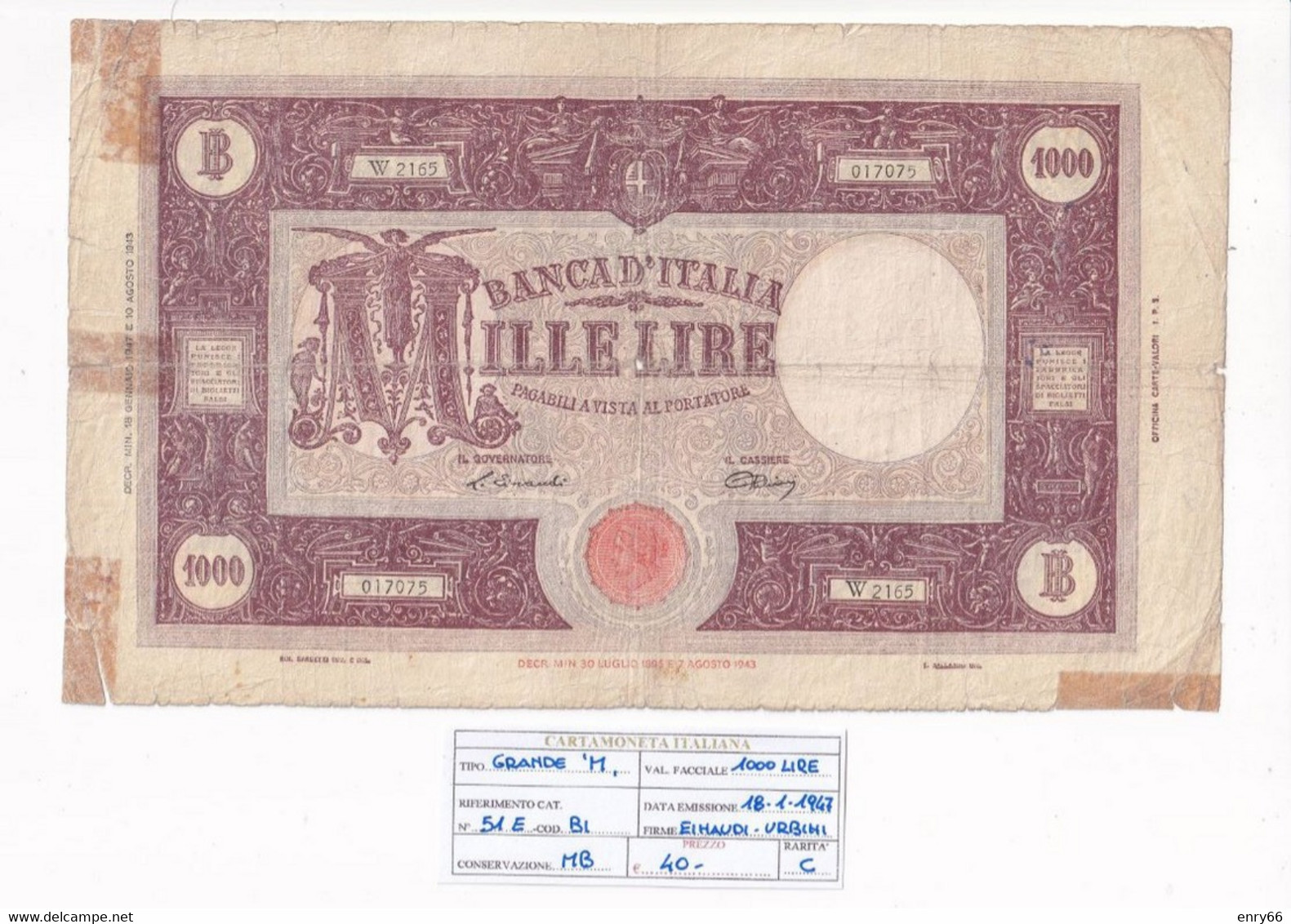 ITALIA 1000 LIRE 18-01-1947 CAT. N° 51E - 1000 Liras