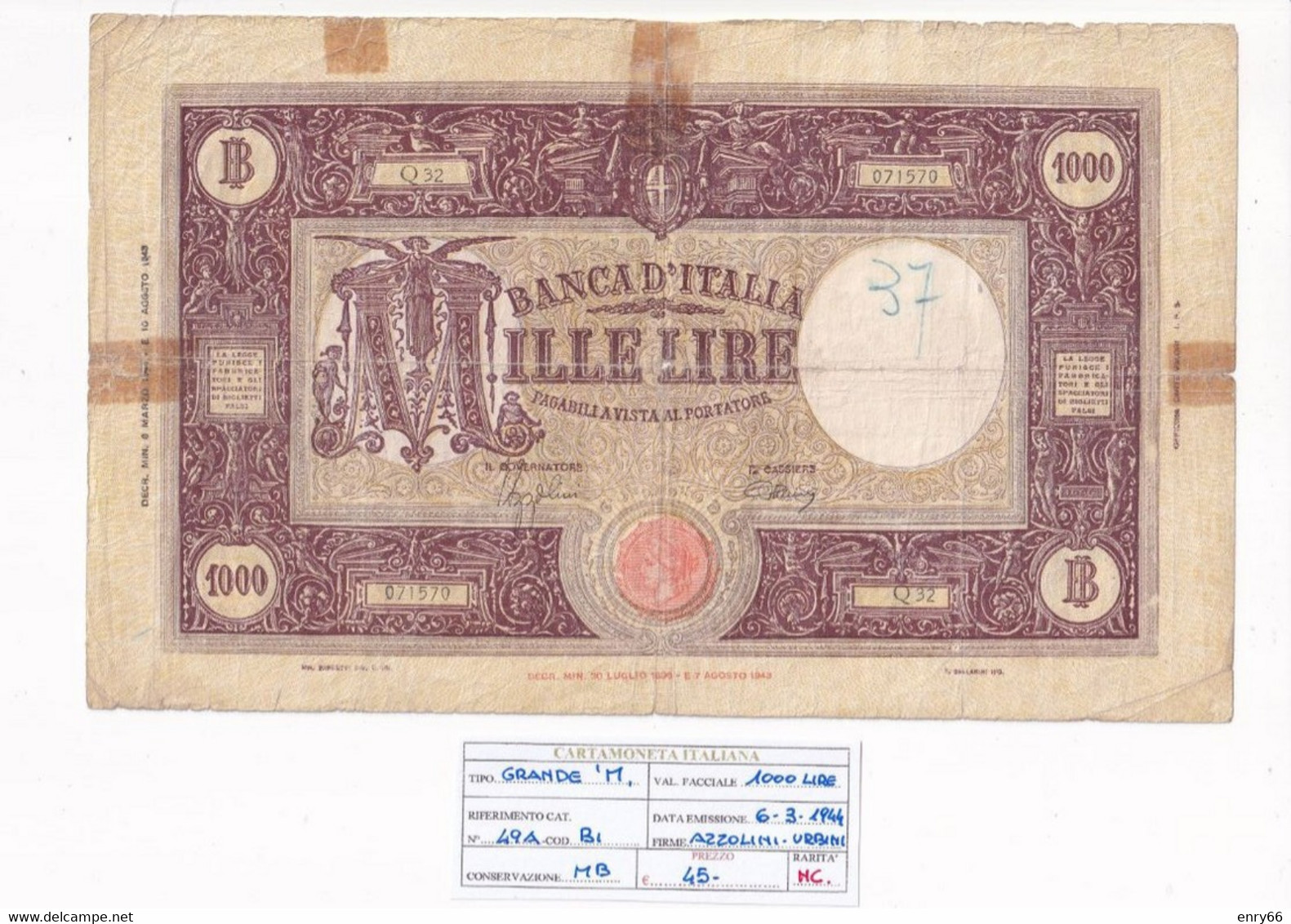 ITALIA 1000 LIRE 06-03-1944 CAT. N° 49A NON COMUNE - 1000 Liras