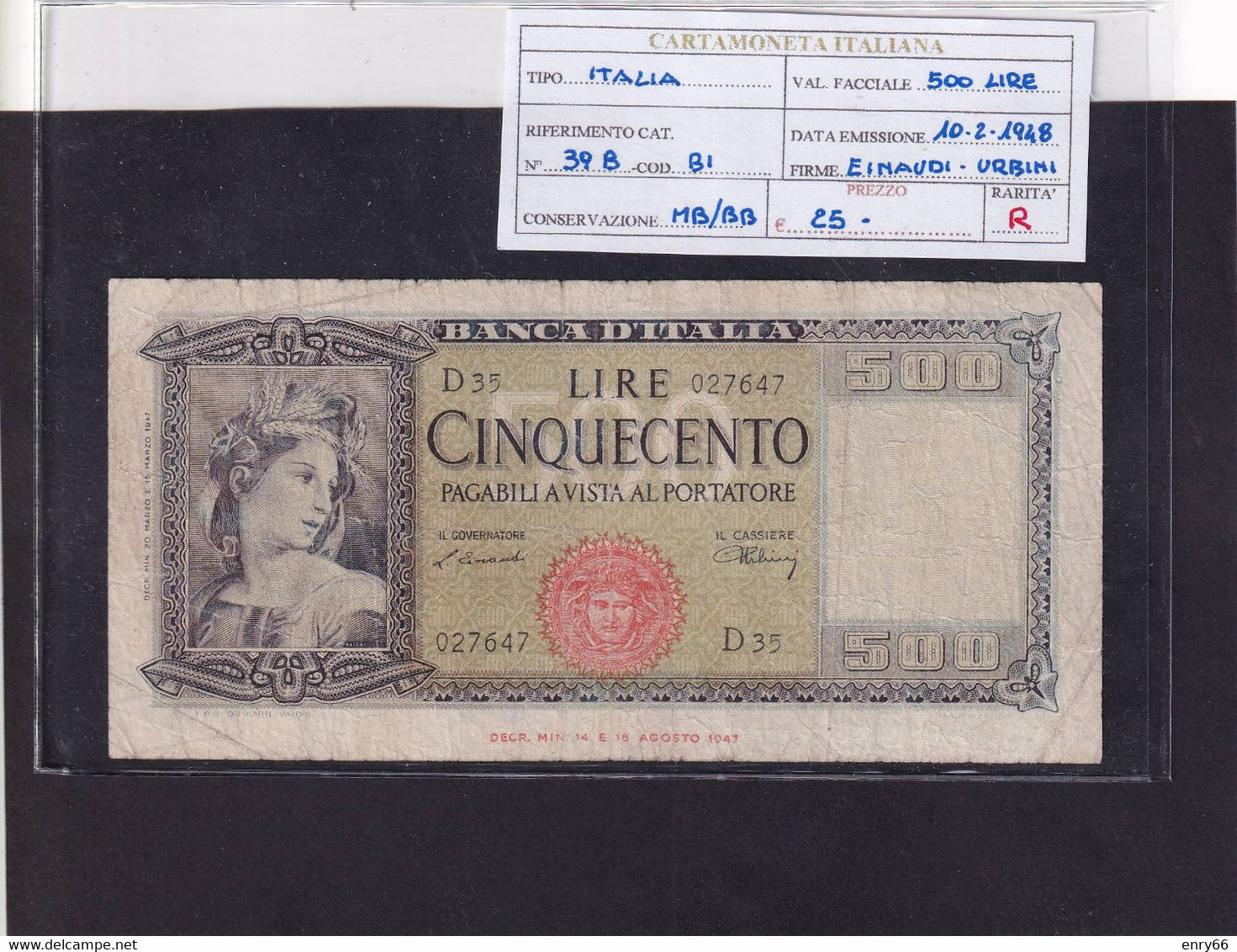 ITALIA 500 LIRE 10-02-1948 CAT. N° 39B RARA - 500 Liras