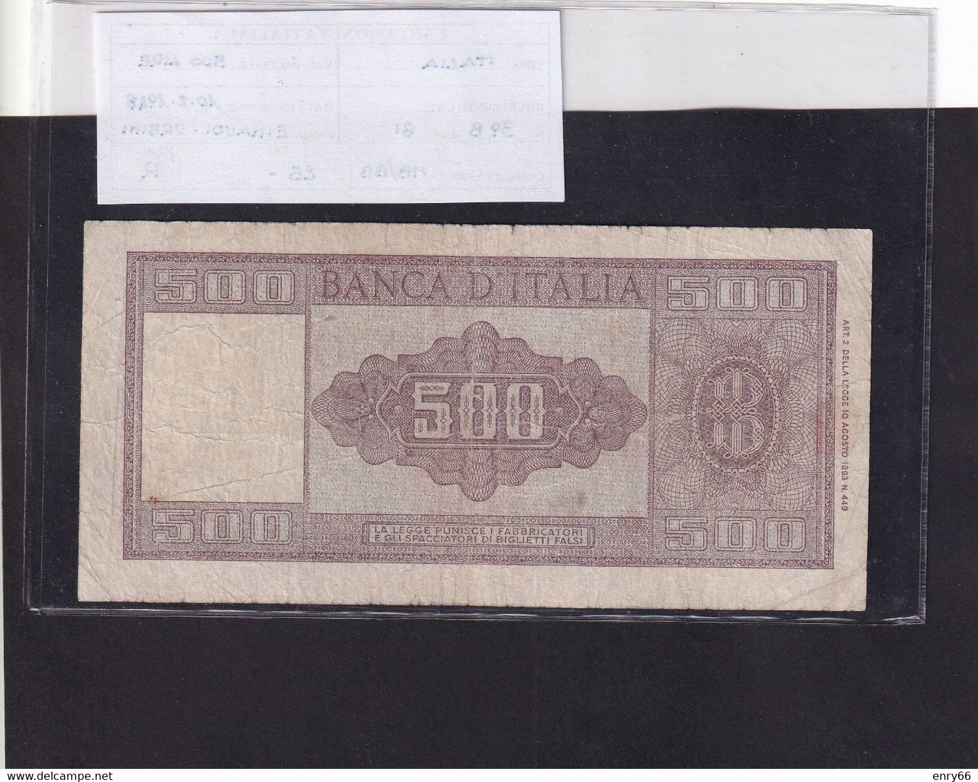 ITALIA 500 LIRE 10-02-1948 CAT. N° 39B RARA - 500 Liras