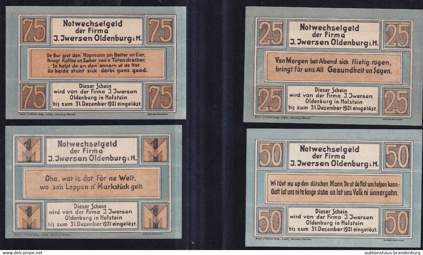 4x Oldenburg: 25, 50, 75 Pfennig + 1 Mark 1921 - J. Iwersen - Collections