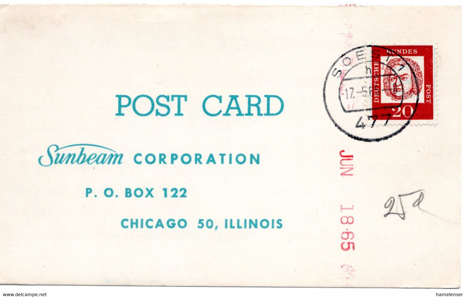 55734 - Bund - 1965 - 20Pfg Bach EF A Kte SOEST -> Chicago, IL (USA) - Musica