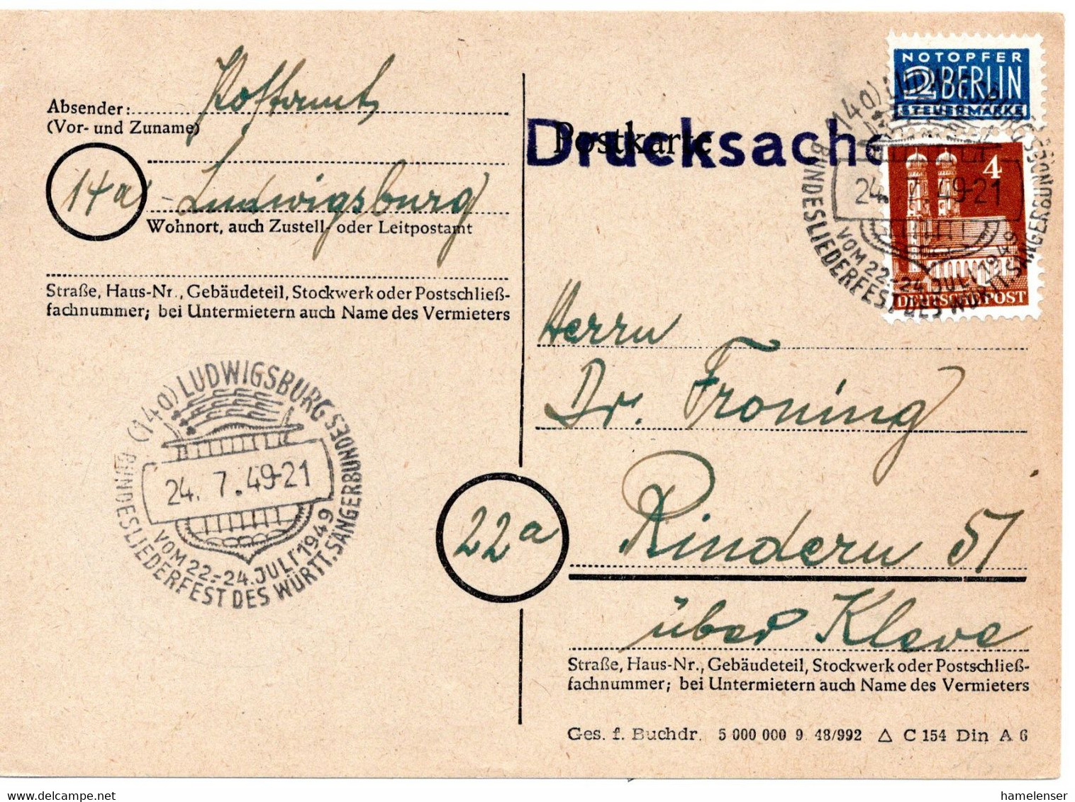 55735 - Bund - 1949 - 4Pfg Bauten EF A DrucksKte SoStpl LUDWIGSBURG - BUNDESLIEDERFEST ... -> Rindern - Musica