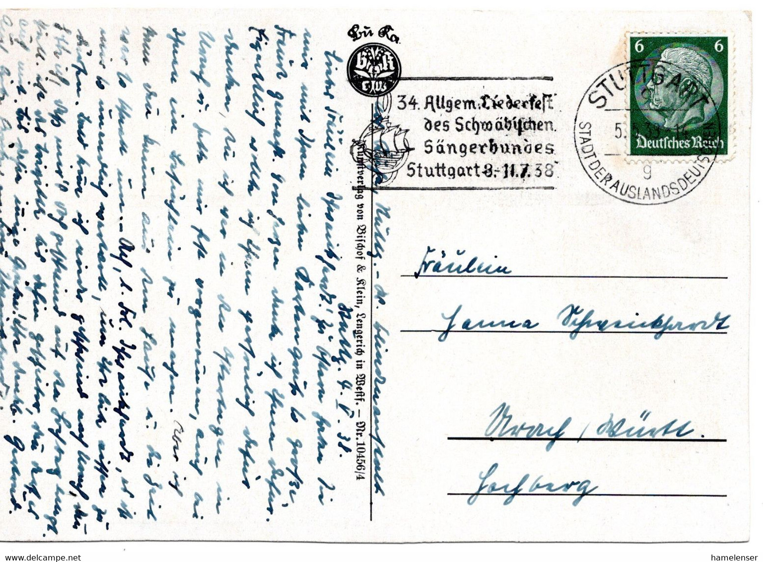 55738 - Deutsches Reich - 1938 - 6Pfg Hindenburg EF A AnsKte STUTTGART - 34.ALLGEM. LIEDERFEST ... -> Lorch - Musica