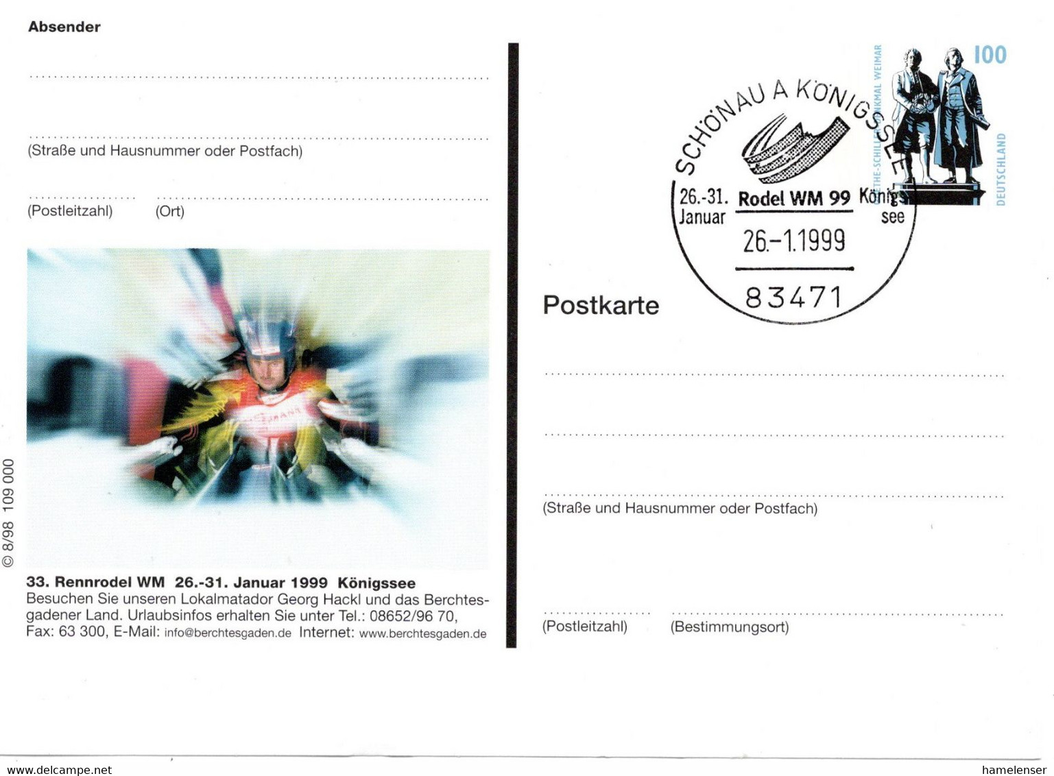 55739 - Bund - 1999 - 100Pfg SWK PGAKte "Rennrodel WM" SoStpl SCHOENAU - RODEL WM 99 KOENIGSSEE - Invierno