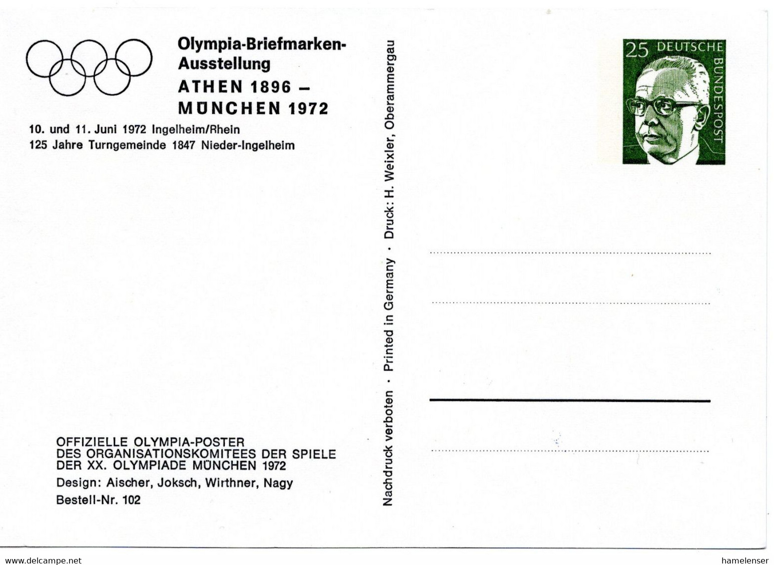 55746 - Bund - 1972 - 25Pfg Heinemann PGAAnsKte "Olympia Muenchen 1972", Ungebraucht - Summer 1972: Munich