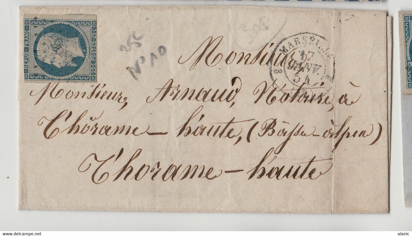 FRANCE-N° 10 SUR LETTRE Marseille Pour Thorame Haute  Pr Digne & Castellanne Janvier 1854 - 1852 Luis-Napoléon