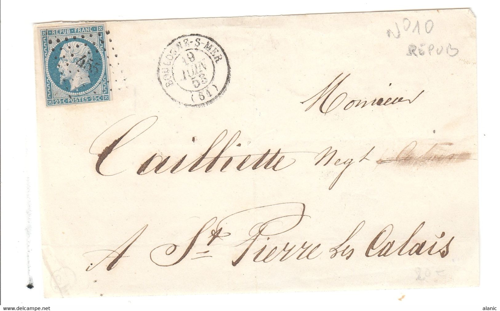 FRANCE-N° 10 Sur Devant De Lettre Boulogne  Pour ST Pierre Les Calais   19 JUIN1853 BE - 1852 Louis-Napoléon