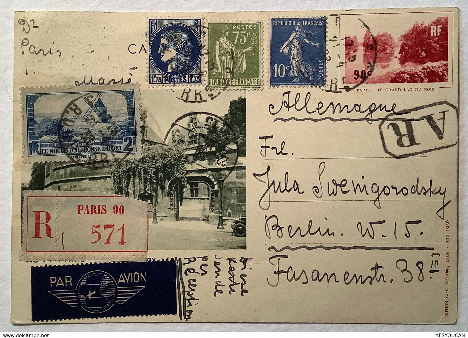 Entier Postal 90c Bois De Boulogne AR Par Avion PARIS1936 (France Paix Semeuse Cérès, 2f Moulin A.Daudet 311 - Cartes Postales Types Et TSC (avant 1995)