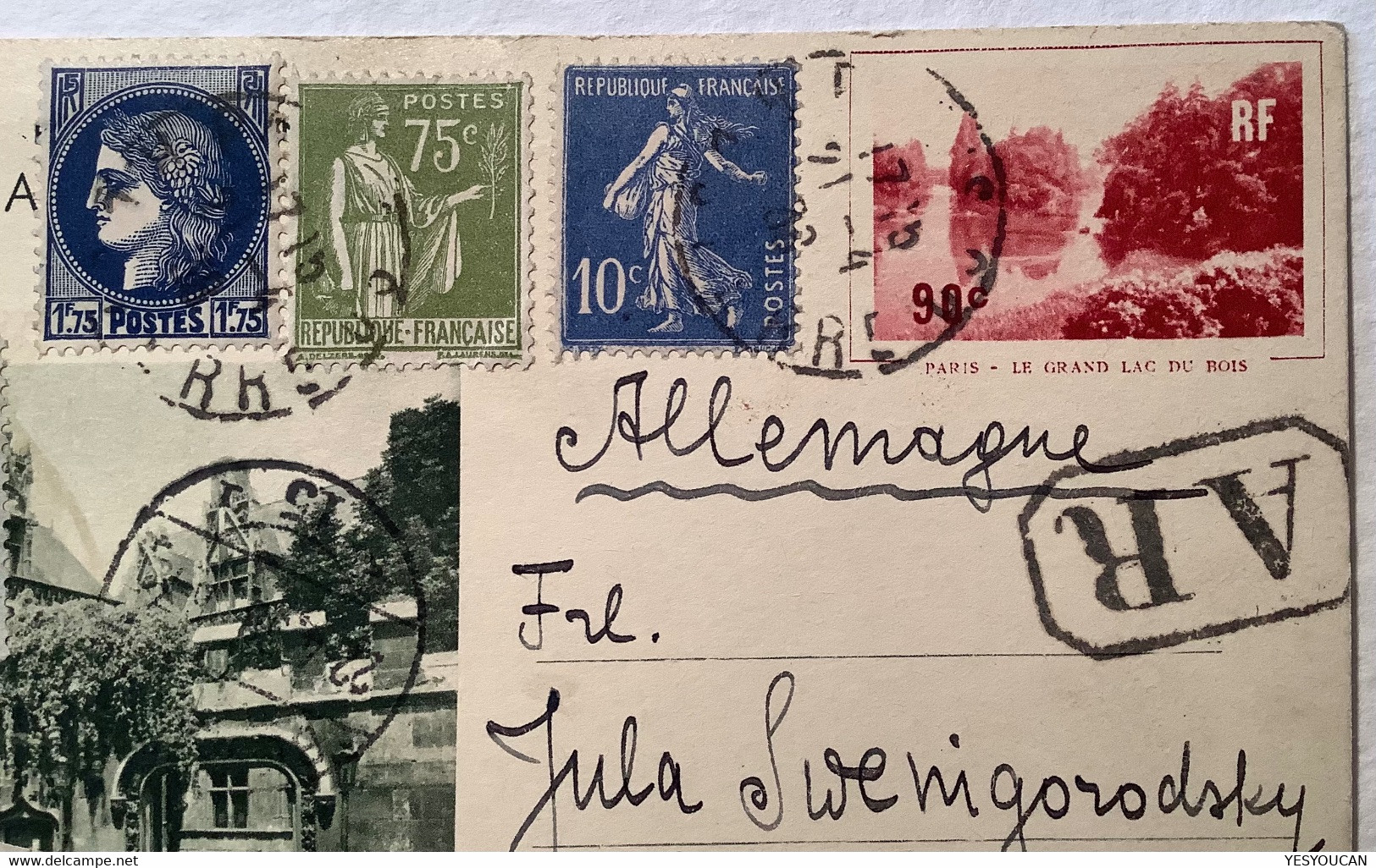 Entier Postal 90c Bois De Boulogne AR Par Avion PARIS1936 (France Paix Semeuse Cérès, 2f Moulin A.Daudet 311 - Cartes Postales Types Et TSC (avant 1995)