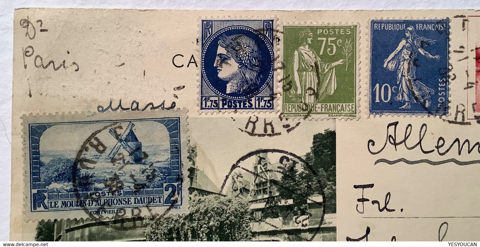 Entier Postal 90c Bois De Boulogne AR Par Avion PARIS1936 (France Paix Semeuse Cérès, 2f Moulin A.Daudet 311 - Cartes Postales Types Et TSC (avant 1995)