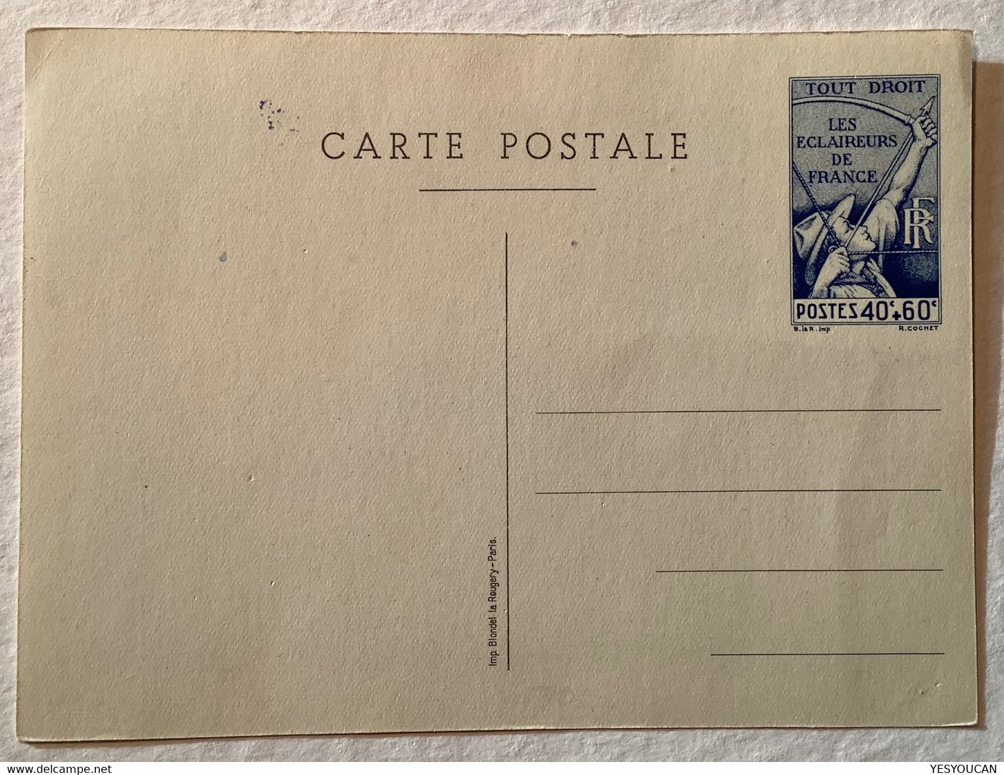 Entier Postal 1939 Éclaireur De France YT15 =60€ CP 40c+60c TB (tir á L’ Arc Scout Archery Pfadfinder Postal Stationery - Standard Postcards & Stamped On Demand (before 1995)
