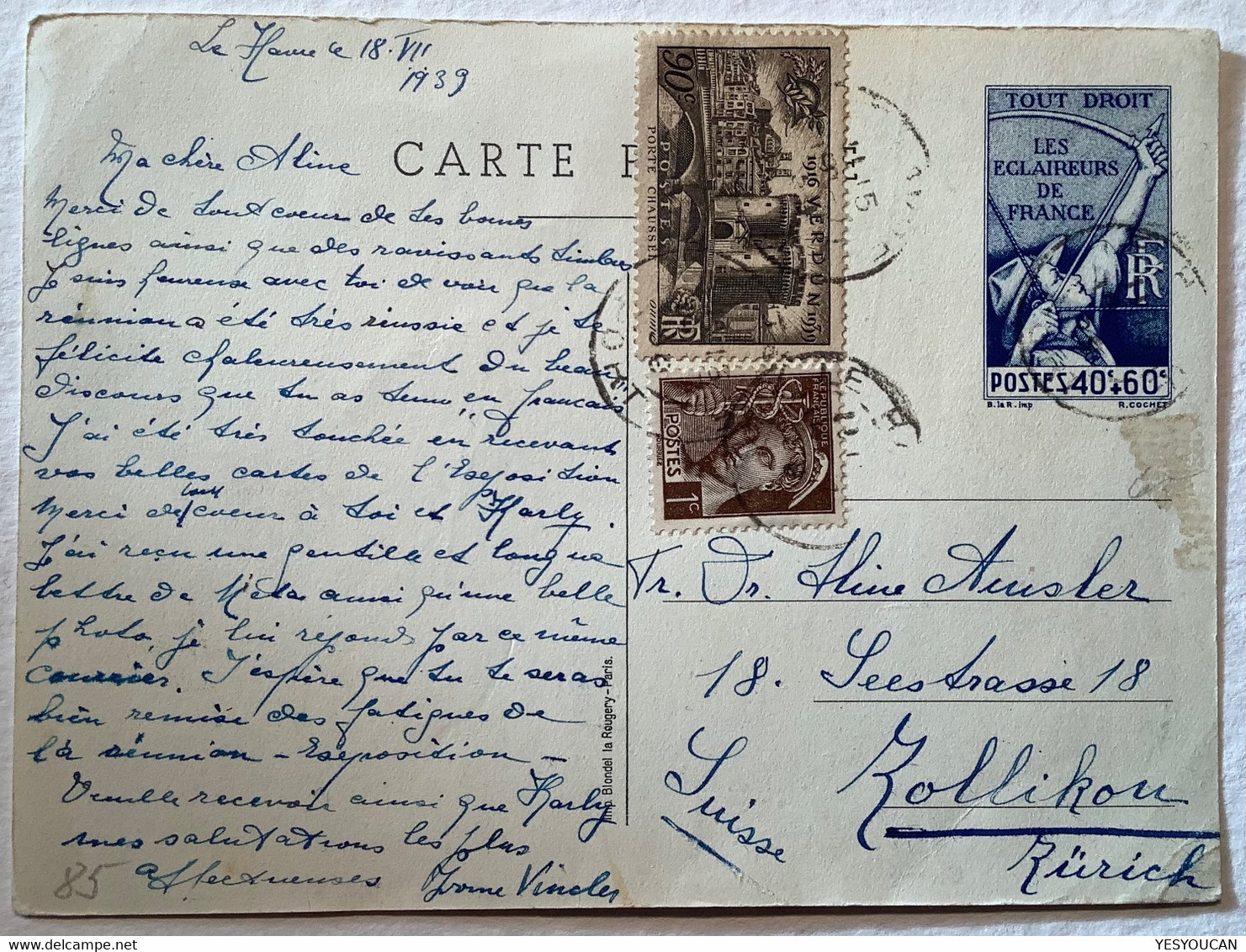 Entier Postal1939Éclaireur De France CP 40c+60LE HAVRE>Zollikon ZH (Verdun Mercure Tir á L’ Arc Scout Archery Pfadfinder - Standaardpostkaarten En TSC (Voor 1995)