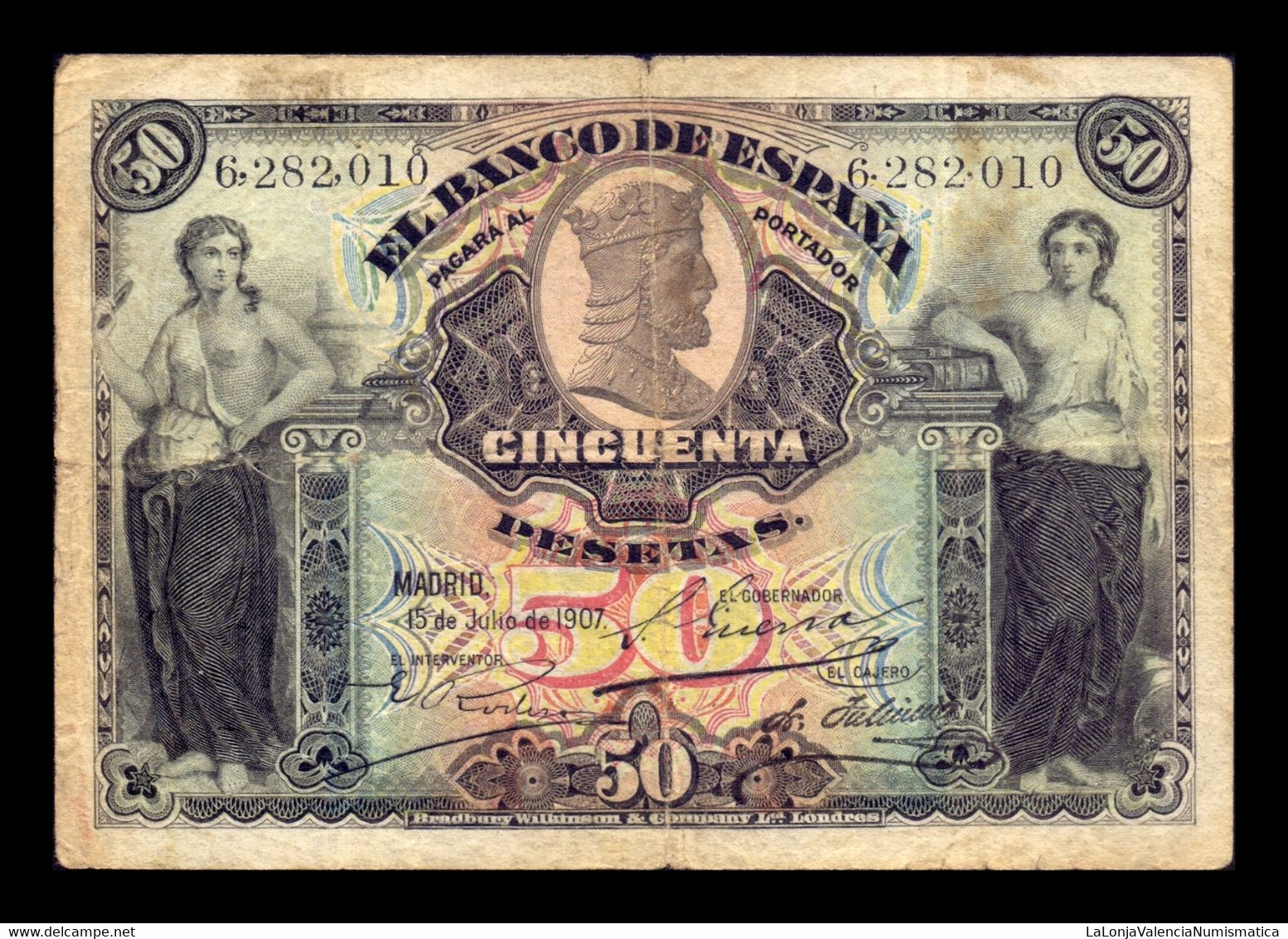 España Spain 50 Pesetas Alegorías 1907 Pick 63 BC/MBC F/VF - 50 Peseten