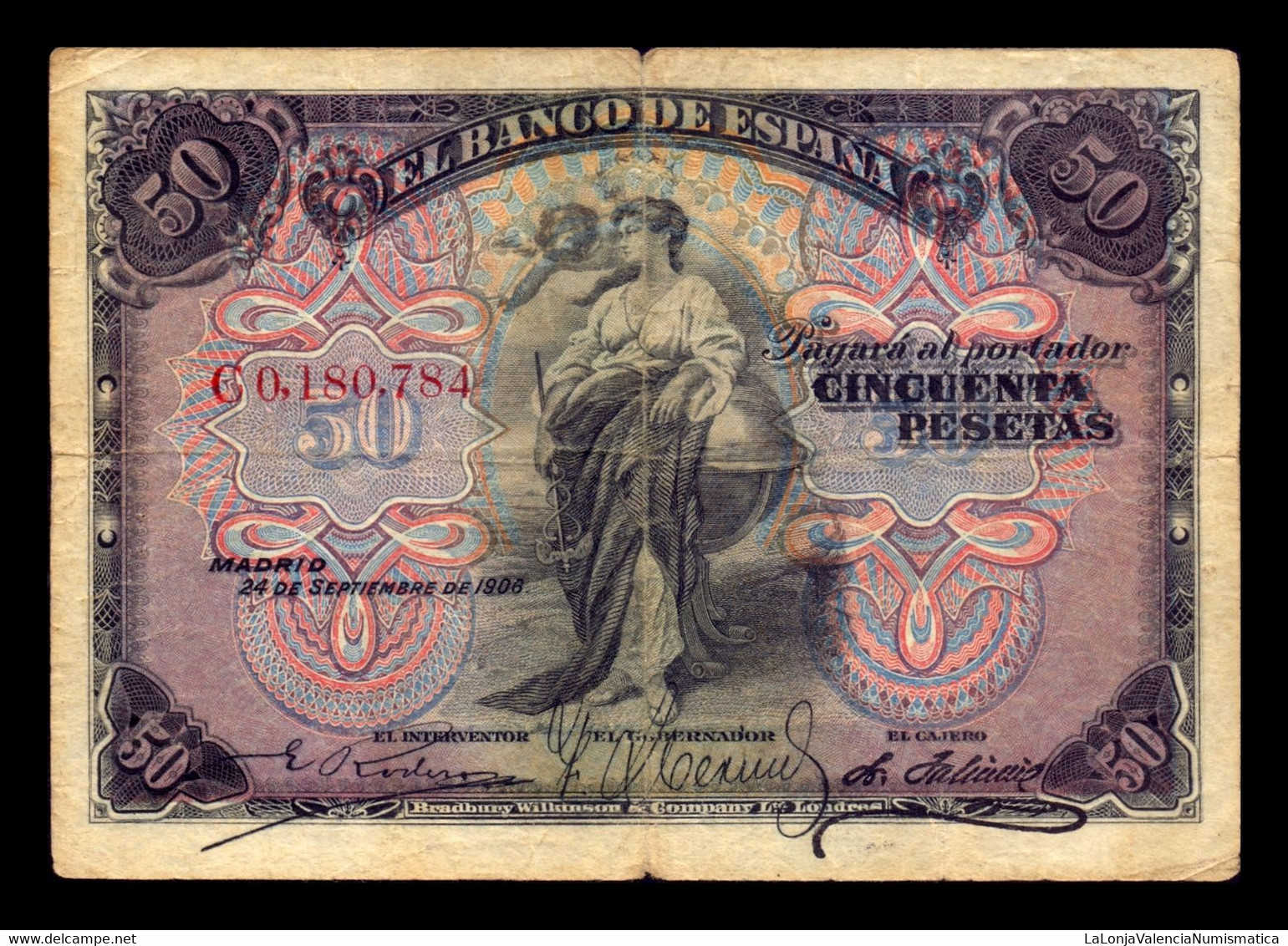 España Spain 50 Pesetas Alegorias 1906 Pick 58 Serie C BC/MBC F/VF - 50 Peseten