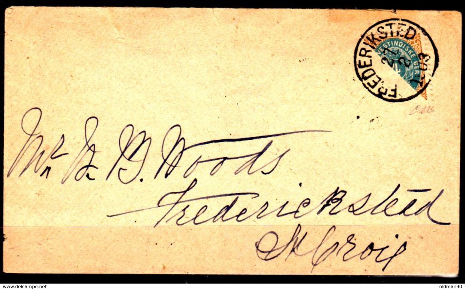 D.W.I.. 1903 (27 Feb). Bill "Frederiksted - St Croix. Bisected 4 Ore Stamp / - Storia Postale