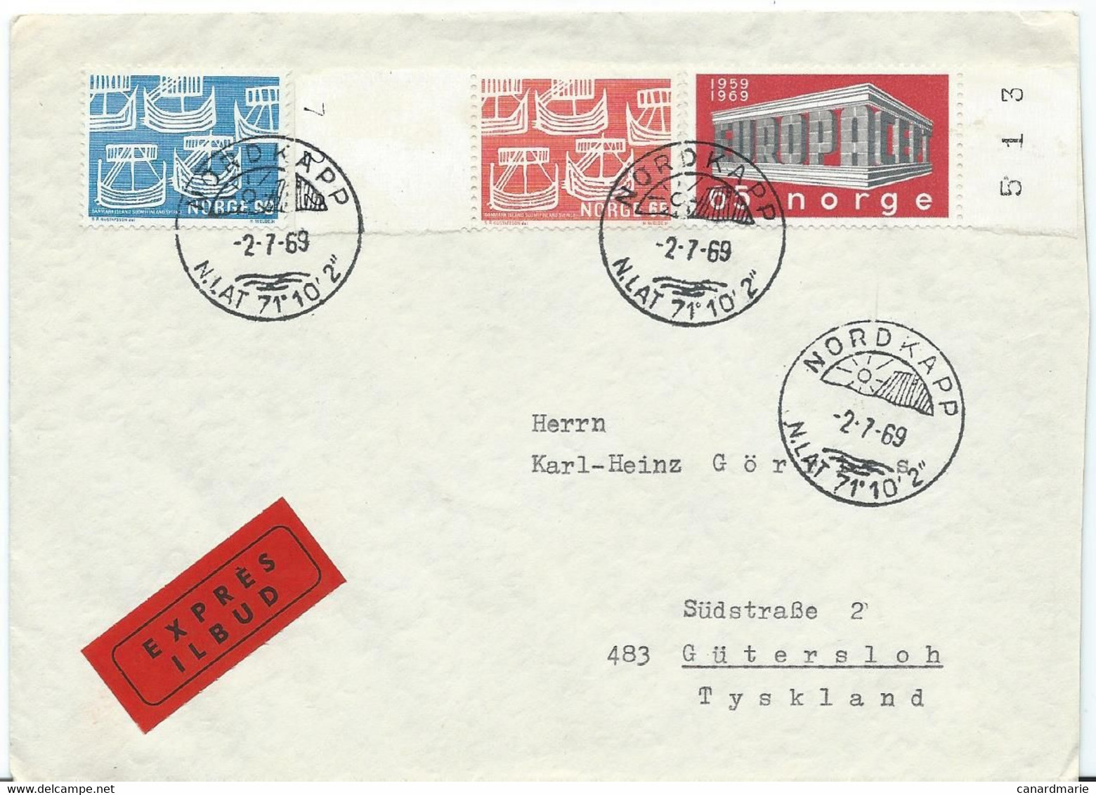 LETTRE PAR EXPRES POUR L'ALLEMAGNE 1969 AVEC 3 TIMBRES ET CACHET NODKAPP - Brieven En Documenten