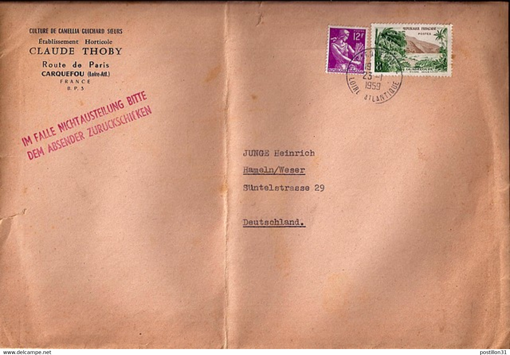 TYPE MOISSONNEUSE N° 1116 + 1125 SUR LETTRE DE CARQUEFOU / 23.1.1959  POUR L'ALLEMAGNE - 1957-1959 Reaper